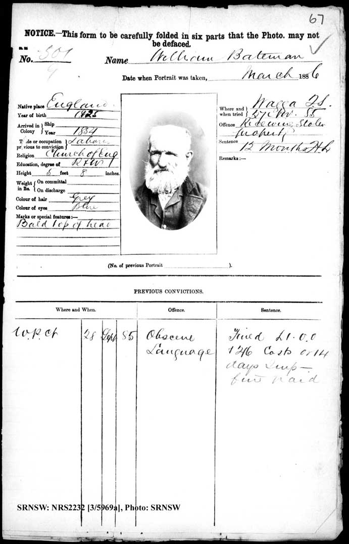 SRNSW: NRS2232, [3/5969A], Goulburn Gaol photographic description book, Dec 1884-May 1890, No. 501, p.67, R5119.