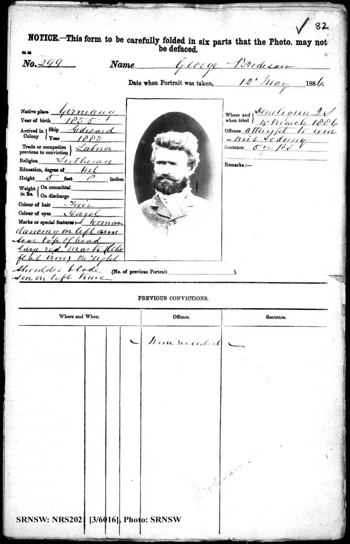 SRNSW: NRS2021, [3/6016], Berrima Gaol photographic description book, 1883-1888, No. 299, p. 82, R5093.