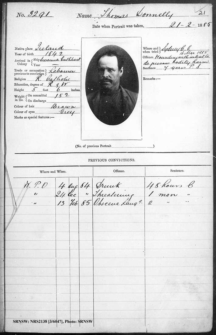 SRNSW: NRS2138, [3/6047], Darlinghurst Gaol photographic description book, 1885, No. 3291, p. 21, R5101.