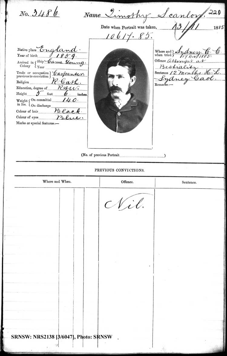 SRNSW: NRS2138, [3/6047] , Darlinghurst Gaol photographic description book, 1885, No. 3486, p. 220, R5101.