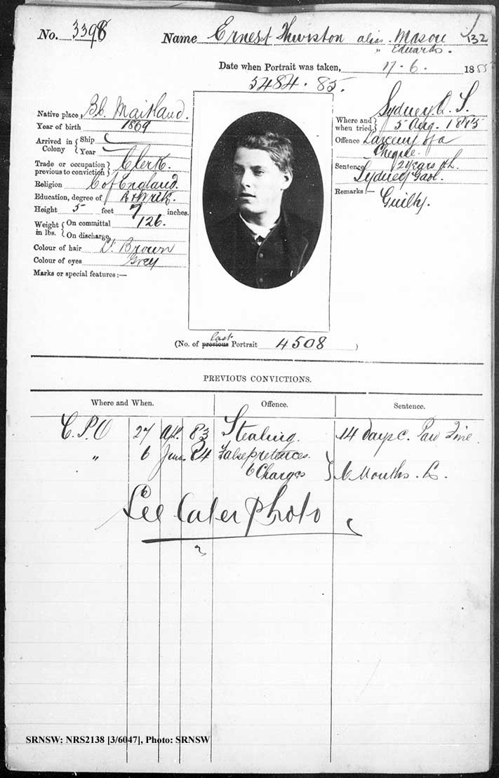 SRNSW: NRS2138, [3/6047], Darlinghurst Gaol photographic description book, 1885, No. 3398, p.13 2, R5101.