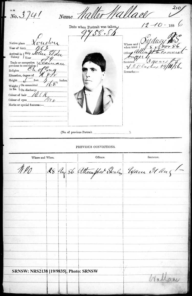 SRNSW: NRS2138, [19/9835], Darlinghurst Gaol photographic description book, 1886, No. 3741, p. 210, R5102.