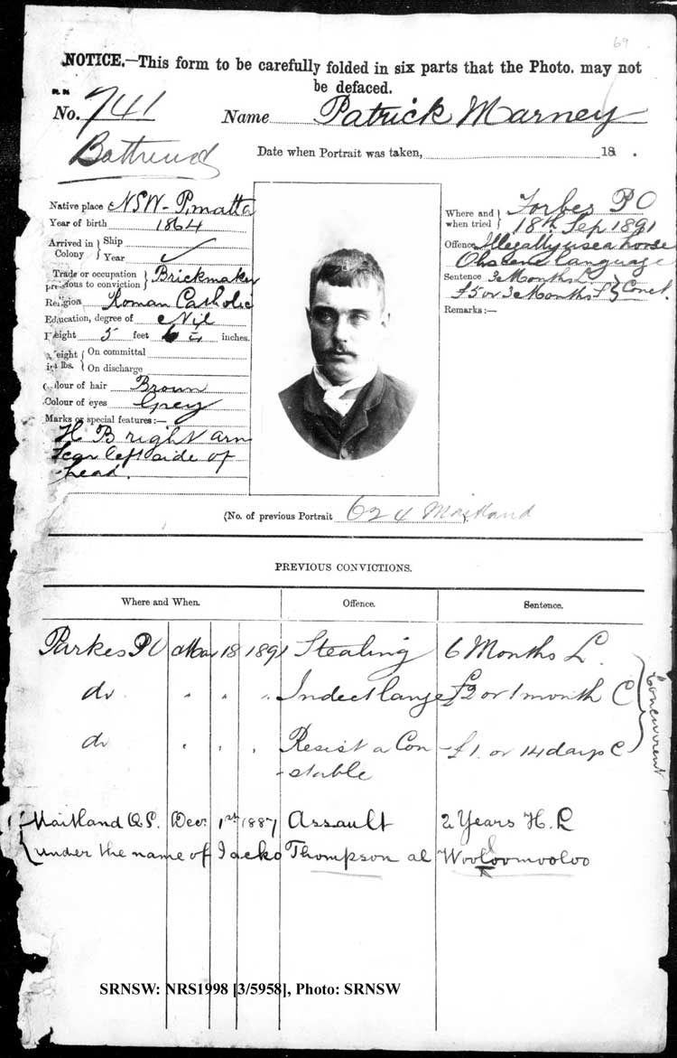 SRNSW: NRS1998, [3/5958], Bathurst Gaol photographic description book, 1874-1930, No. 741, p. 69, R5085.