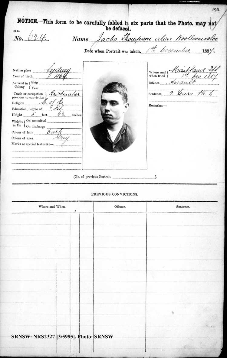 SRNSW: NRS2327, [3/5985], Maitland Gaol photographic description book, 1875-1922, No. 624, p. 134, R5129.