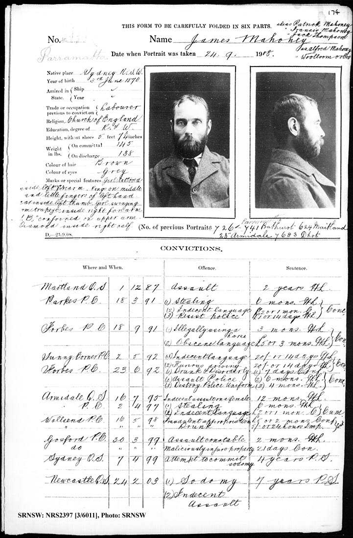 SRNSW: NRS2397, [3/6011], Parramatta gaol photographic description book, 29 Aug 1905-11 Nov 1909, No. 1008, p. 174, R5137.
