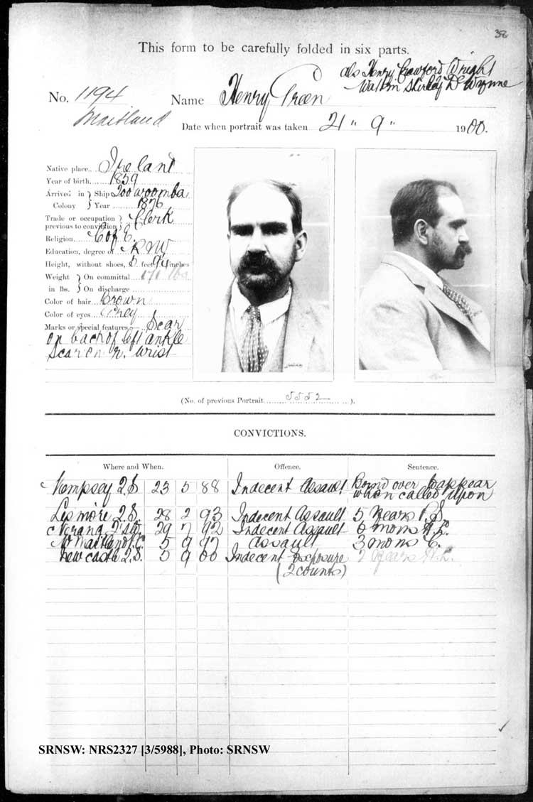 SRNSW: NRS2327, [3/5988], Maitland Gaol photographic description book, 1875-1930, No. 1194, p. 38, R5130.