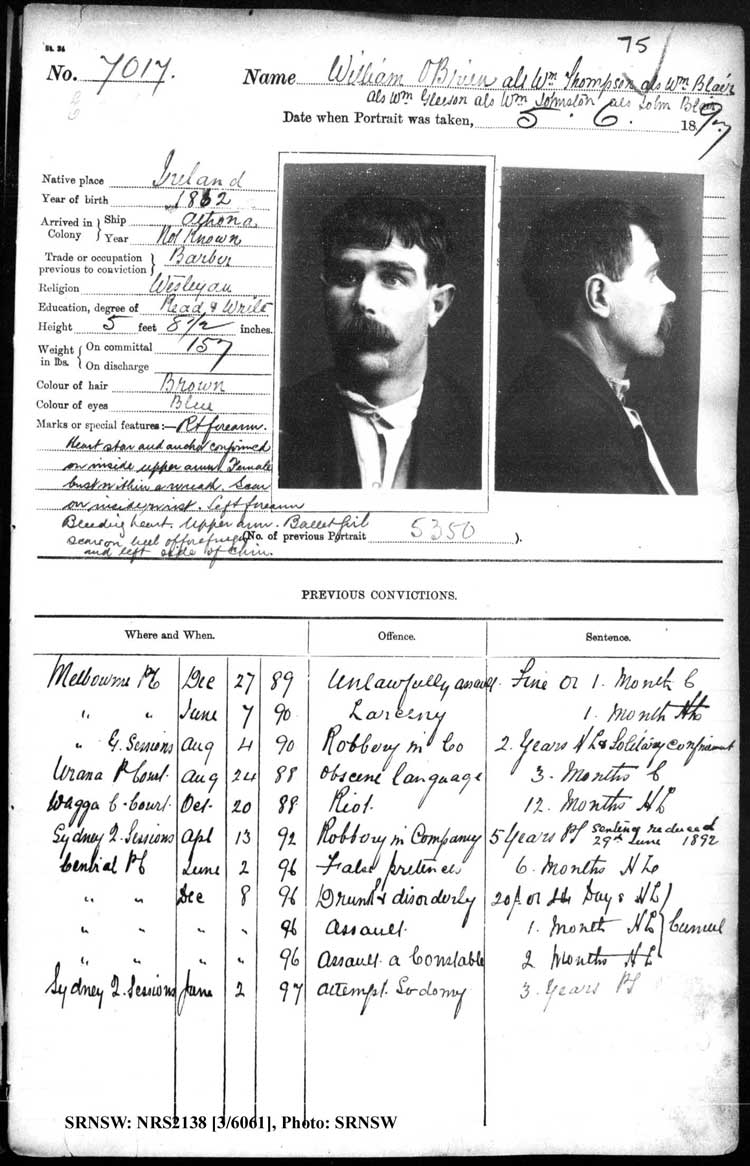 SRNSW: NRS2138, [3/6061], Darlinghurst Gaol photographic description book, 1897-1897, No. 7017, p. 75, R5106. Emphasis added.