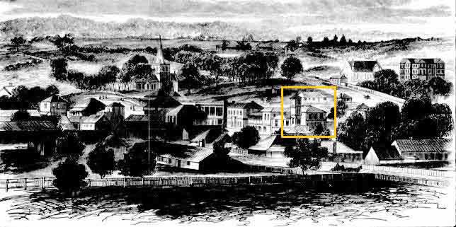 Scene of Carcoar with courthouse, outlined, built 1882. Image: Australian Town and Country Journal, Sat 29 Sep 1883, p. 600. Reproduction: Peter de Waal