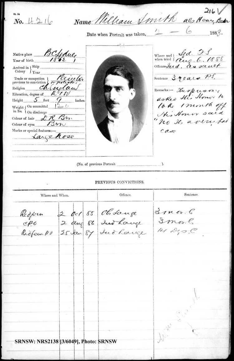 SRNSW: NRS2138, [3/6049], Darlinghurst Gaol photographic description book, 1887-1888, No. 4216, p. 216, R5102.