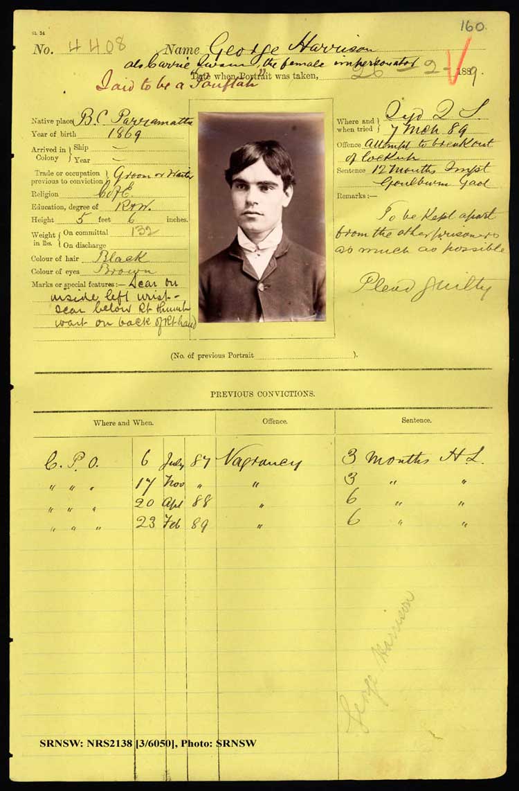 SRNSW: NRS2138, [3/6050], Darlinghurst Gaol photographic description book, 1888-89, No. 4408, R5103, p. 160. Emphasis added.