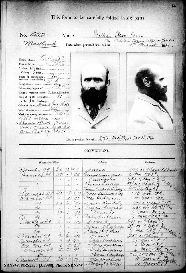 SRNSW: NRS2327, [3/5988], Maitland Gaol photographic description book, 1875-1930, No. 1222, p. 66, R5130. Emphasis added.