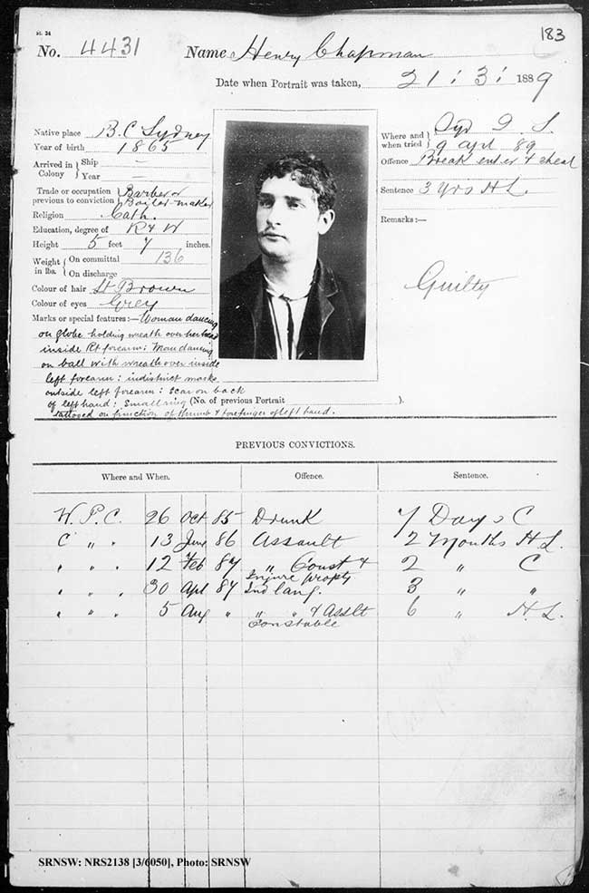 SRNSW: NRS2138, [3/6050], Darlinghurst Gaol photographic description book, 1888-89, No. 4431, p. 183, R5103.