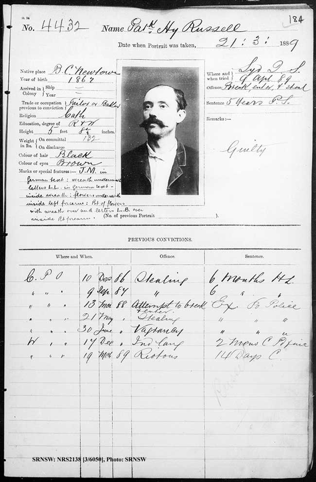 SRNSW: NRS2138, [3/6050], Darlinghurst Gaol photographic description book, 1888-89, No. 4432, p. 184, R5103.