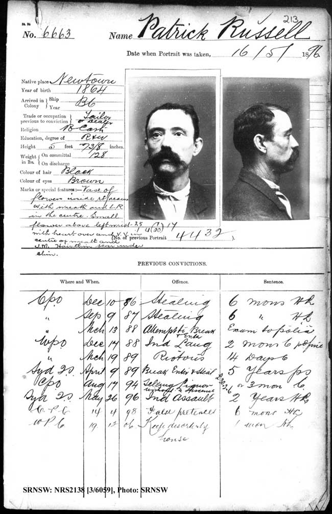 SRNSW: NRS2138, [3/6059], Darlinghurst Gaol photographic description book, 1895-1896, No.6663, p. 213, R5106. Emphasis added.