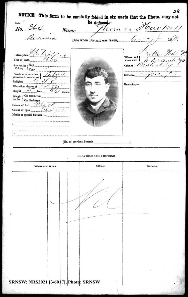 SRNSW: NRS2021, [3/6017], Berrima Gaol photographic description book, 1888-1907, No. 364, p. 28, R5093.