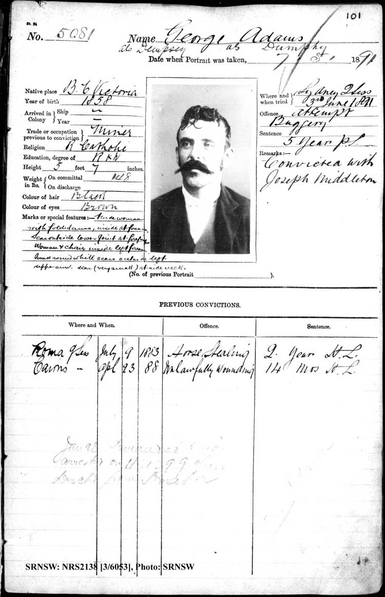 SRNSW: NRS2138, [3/6053], Darlinghurst Gaol photographic description book, 1891, No. 5081, p. 101, R5104.