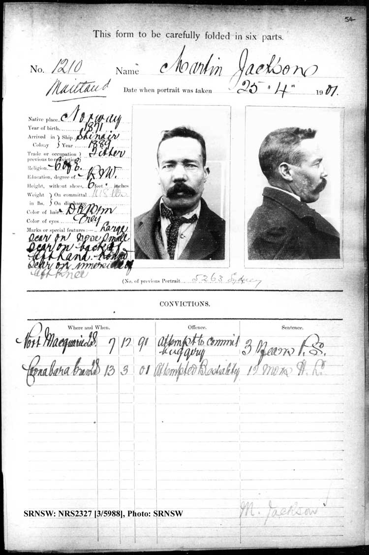 SRNSW: NRS2327, [3/5988], Maitland Gaol photographic description book, 1875-1930, No. 1210, p. 54, R5130.