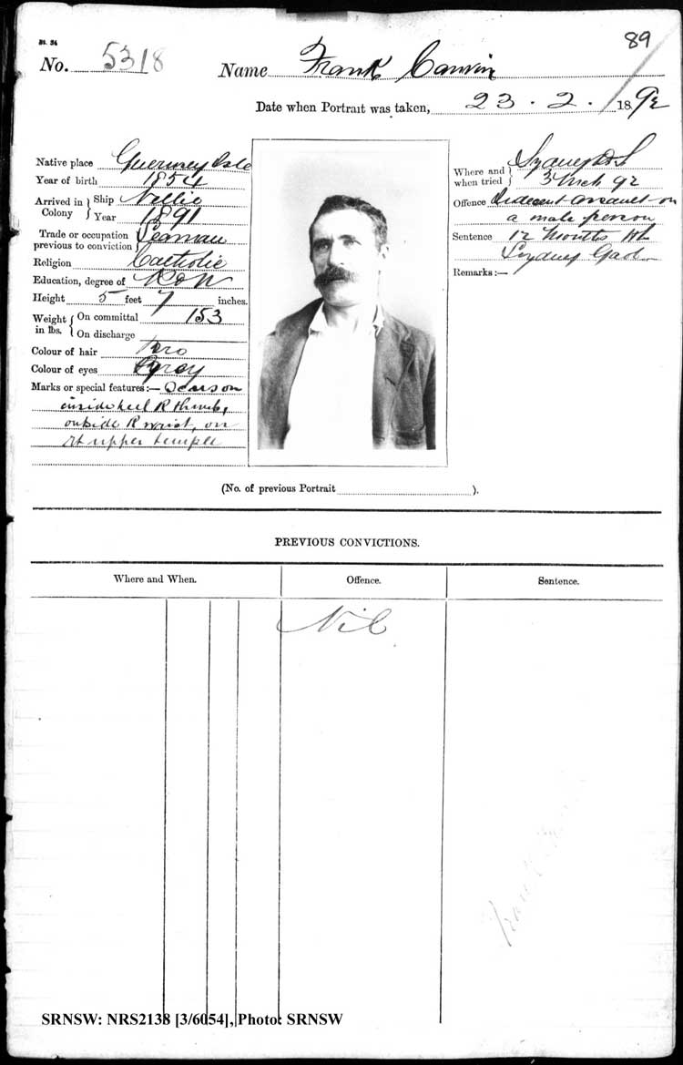 SRNSW: NRS2138, [3/6054], Darlinghurst Gaol photographic description book, 1891-1892, No. 5318, p. 89, R5104.