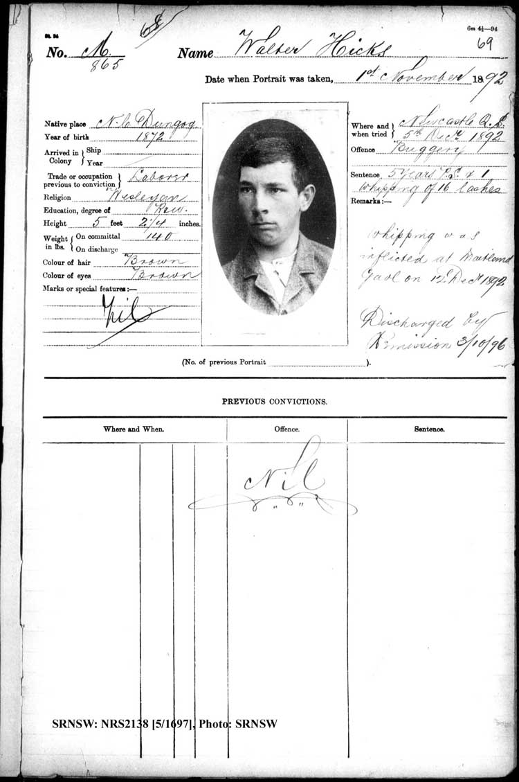 SRNSW: NRS2138, [5/1697], Darlinghurst Gaol photographic description book, 1878-1897, No. 865, p. 69, R5097.