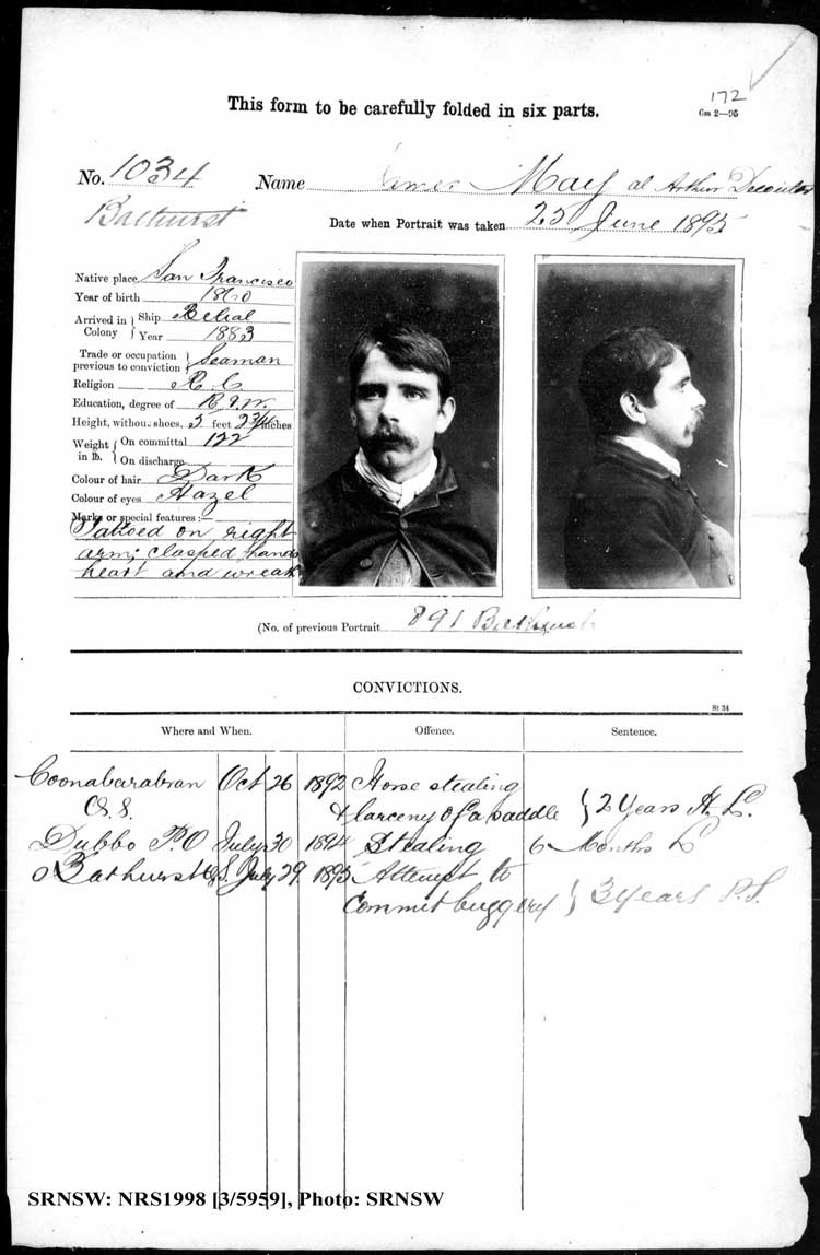 SRNSW: NRS1998, [3/5959], Bathurst Gaol photographic description book, 1874-1930, No. 1034, p. 172, R5085.