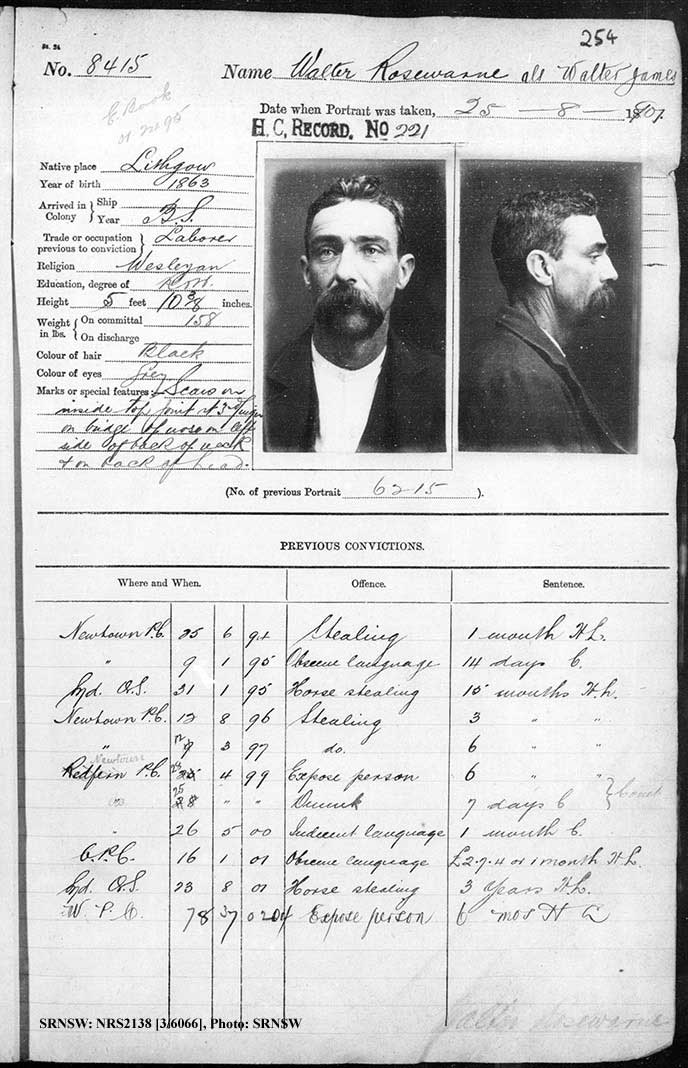SRNSW: NRS2138, [3/6066], Darlinghurst Gaol photographic description book, 1900-1901, No. 8415, p. 254, R5109.