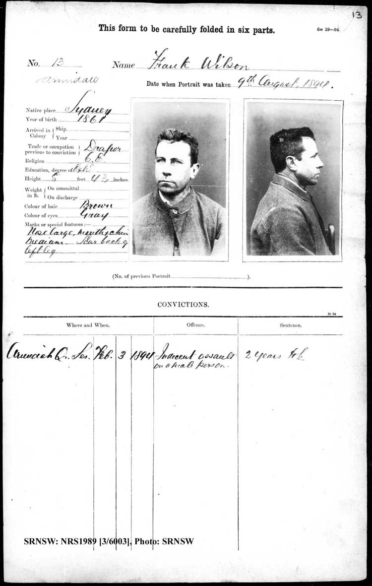 SRNSW: NRS1989, [3/6003], Armidale Gaol photographic description book, 1894-1915, No. 13, p. 13, R5083.