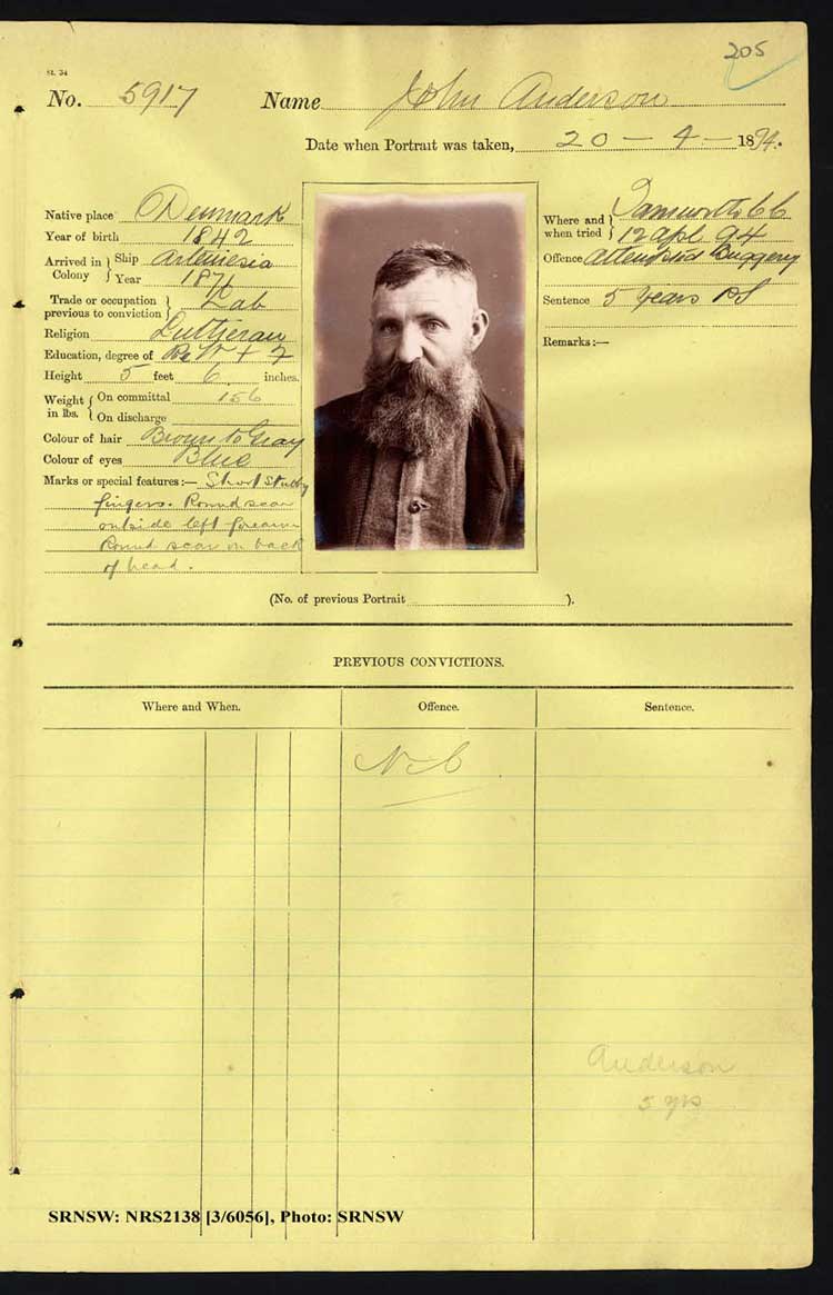 SRNSW: NRS2138, [3/6056], Darlinghurst Gaol photographic description book, 1893-1894, No. 5917, p. 205, R5105.