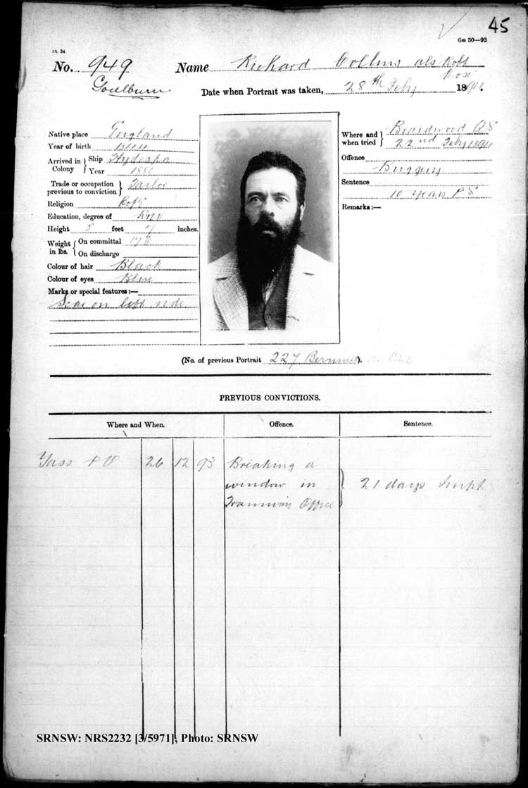SRNSW: NRS2232, [3/5971] , Goulburn Gaol photographic description book, 18 Jul 1893-9 Sep 1896, No. 949, p. 45, R5119.