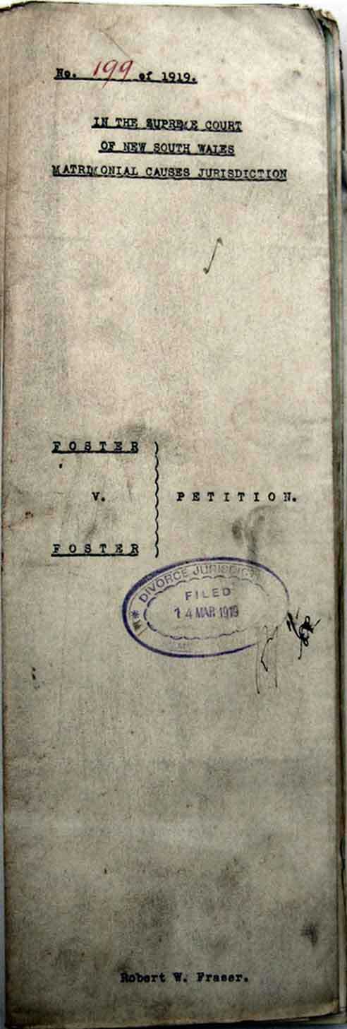 Foster divorce papers cover sheet, 1919. Photo: Peter de Waal