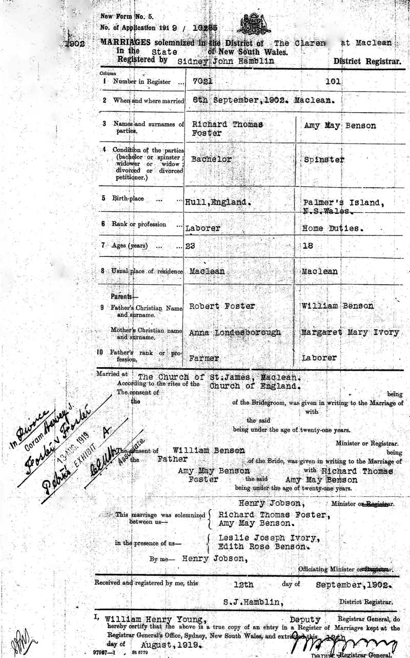 Alfred Thomas Foster and Amy May Benson marriage certificate. Photo: Peter de Waal