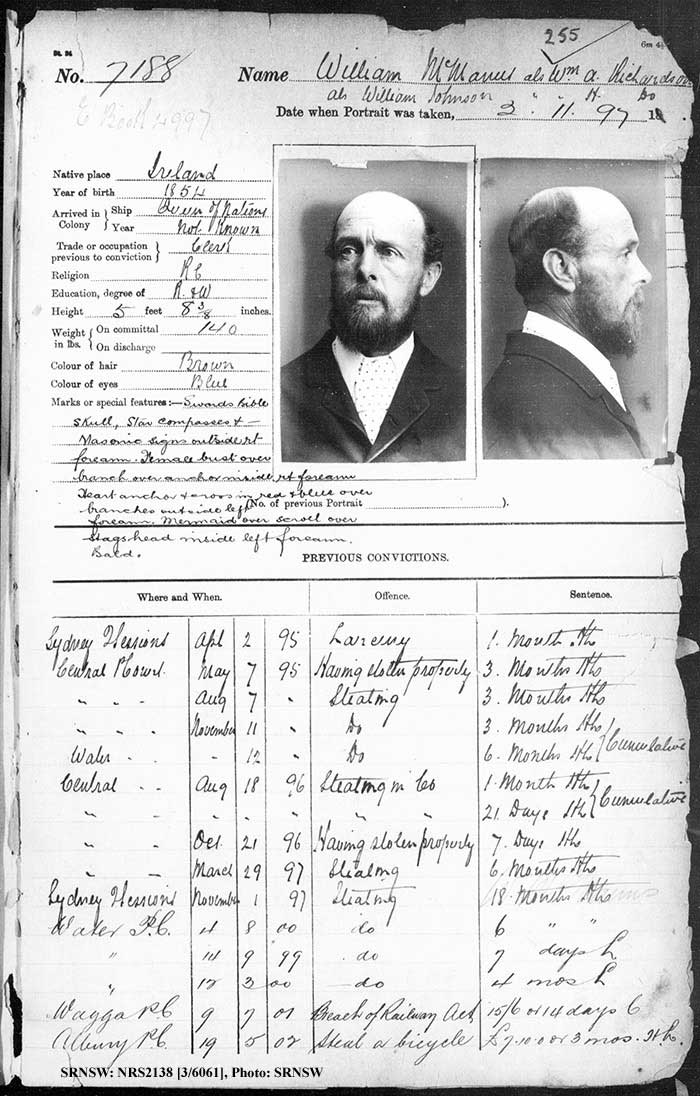 SRNSW: NRS2138, [3/6061], Darlinghurst Gaol photographic description book, 1897, No. 7188, p. 255, R5106.