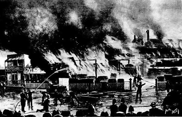 “The Big Fire At Pyrmont, Sydney, on Saturday -- the Fire At its Height – Sketched on the Spot by Our Artist.”. Image: Australian Town and Country Journal, (Sydney, NSW), Sat 19 Apr 1902, p. 22. Reproduction: Peter de Waal