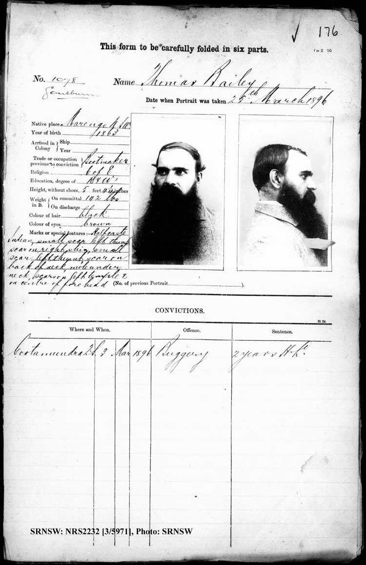 SRNSW: NRS2232, [3/5971], Goulburn Gaol photographic description book, 18 Jul 1893-9 Sep 1896, No. 1078, p. 176, R5119.