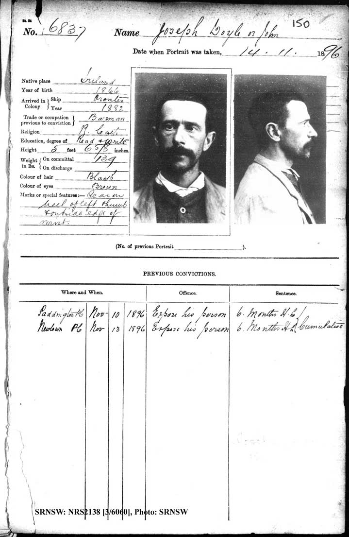 SRNSW: NRS2138, [3/6060] , Darlinghurst Gaol photographic description book, 1896-1897, No. 6837, p. 150, R5106.