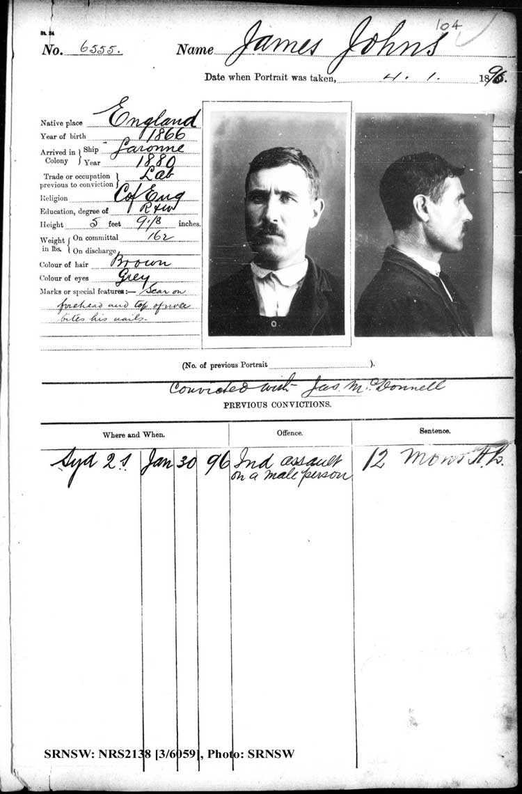 SRNSW: NRS2138, [3/6059], Darlinghurst Gaol photographic description book, 1895-1896, No.6555, p. 104, R5106.