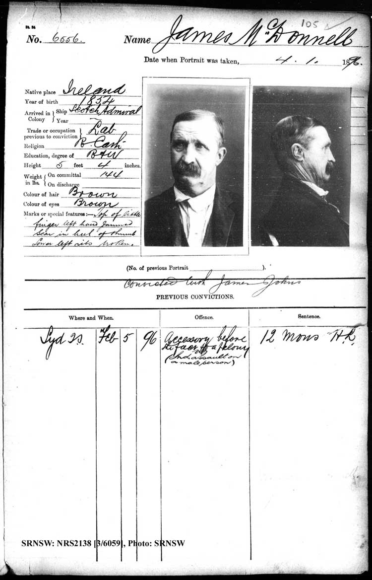 SRNSW: NRS2138, [3/6059], Darlinghurst Gaol photographic description book, 1895-1896, No.6556, p. 105, R5106.