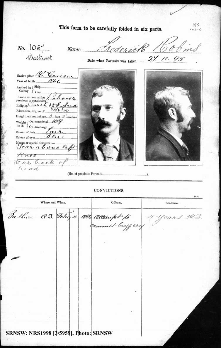 SRNSW: NRS1998, [3/5959], Bathurst Gaol photographic description book, 1874-1930, No. 1057, p. 195, R5085.
