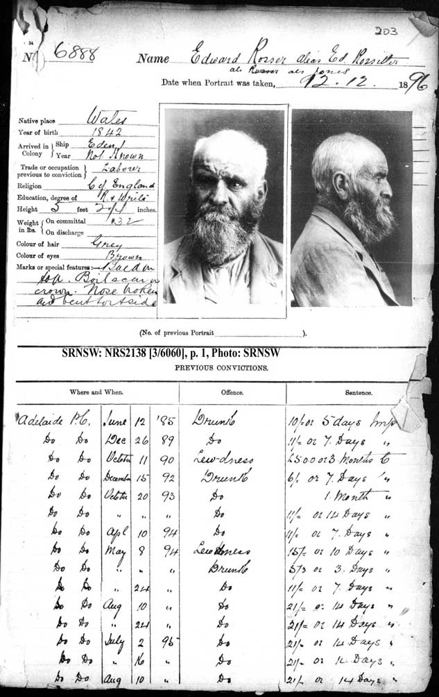 SRNSW: NRS2138, [3/6060], Darlinghurst Gaol photographic description book, 1896-1897, No.6888, p. 202-3, R5106. p.1. Emphasis added.