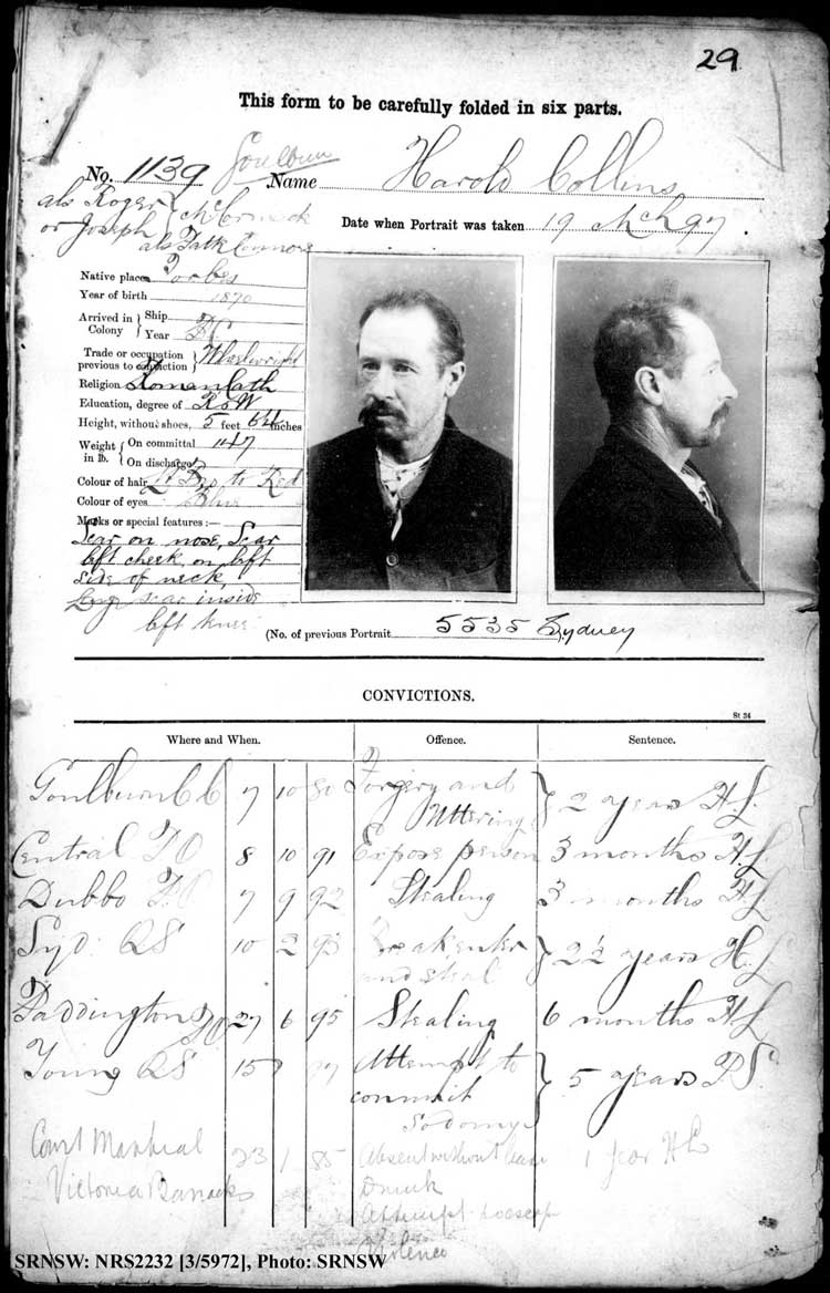 SRNSW: NRS2232, [3/5972], Goulburn Gaol photographic description book, 17 Dec 1896-28 Jun 1899, No. 1139, p. 29, R5120. Emphasis added.