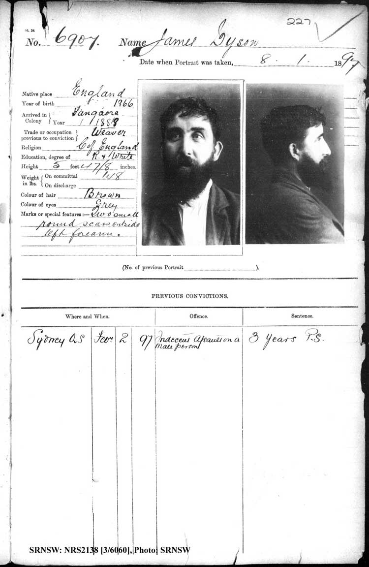 SRNSW: NRS2138, [3/6060], Darlinghurst Gaol photographic description book, 1896-1897, No.6907, p. 227, R5106.