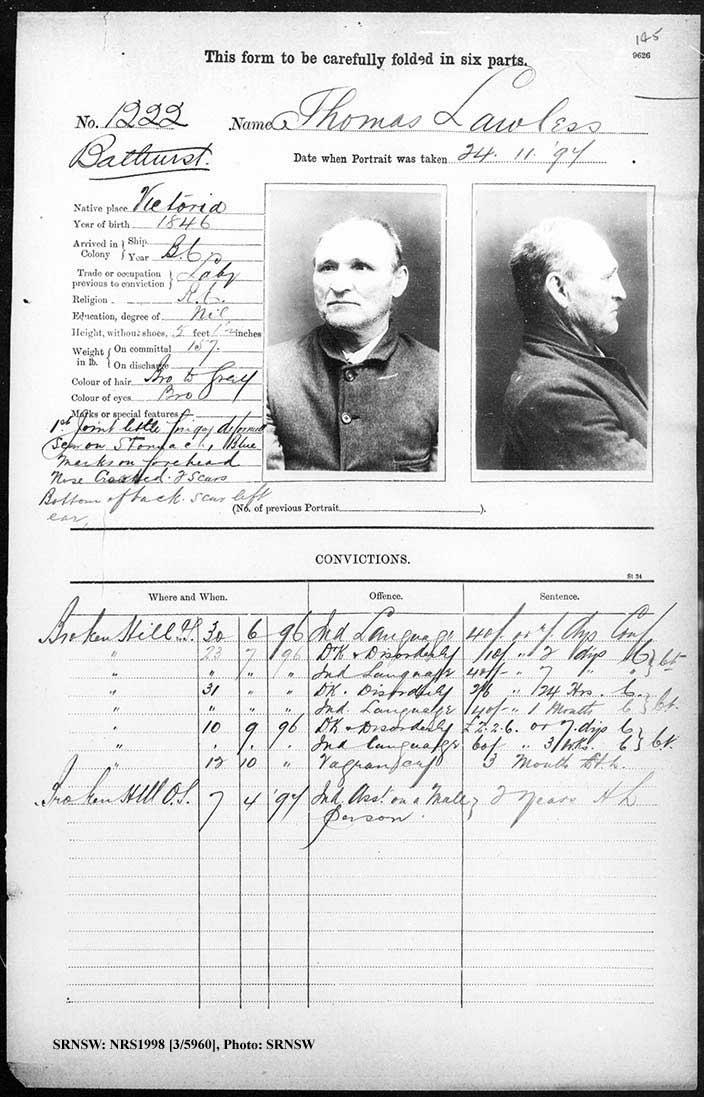 SRNSW: NRS1998, [3/5960], Bathurst Gaol photographic description book, 1874-1930, No. 1222, p. 145, R5085.