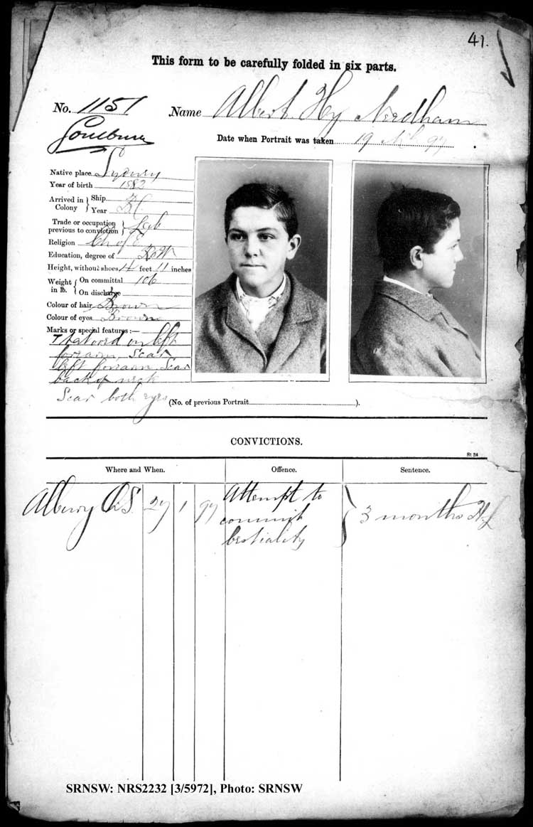 SRNSW: NRS2232, [3/5972], Goulburn Gaol photographic description book, 17 Dec 1896-28 Jun 1899, No. 1151, p. 41, R5120.