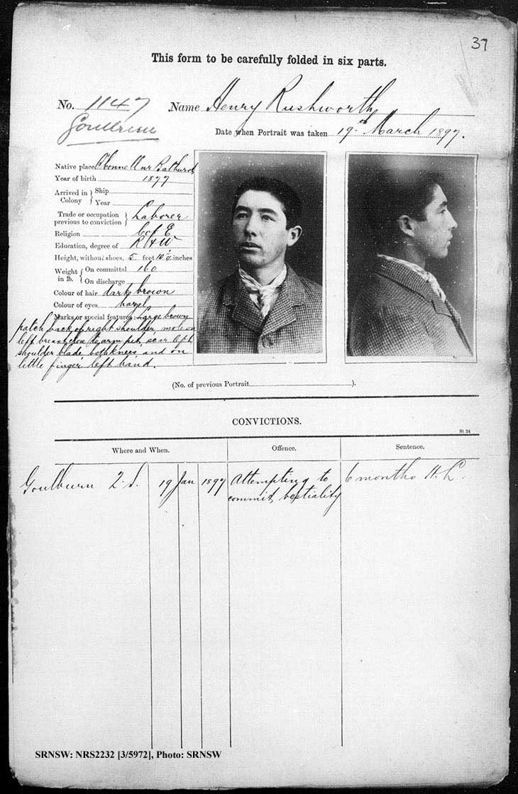 SRNSW: NRS2232, [3/5972], Goulburn Gaol photographic description book, 17 Dec 1896-28 Jun 1899, No. 1147, p. 37, R5120.