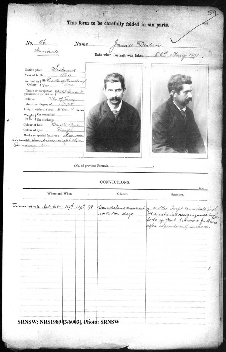 SRNSW: NRS1989, [3/6003], Armidale Gaol photographic description book, 1894-1915, No. 56, p. 59, R5083.