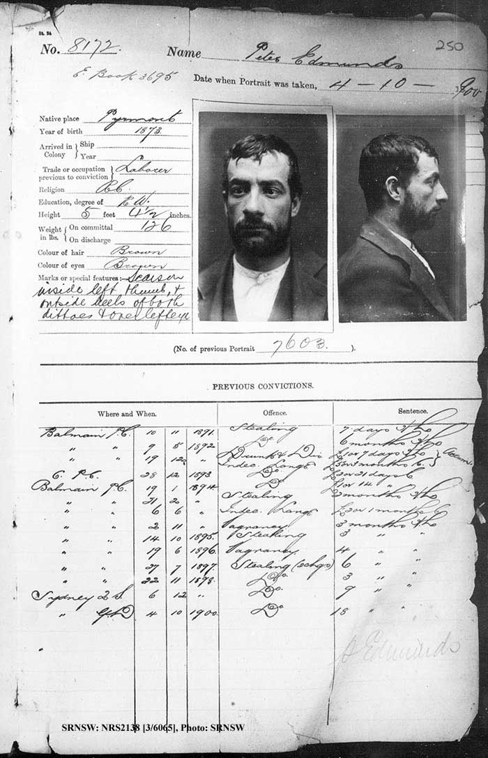 SRNSW: NRS2138, [3/6065], Darlinghurst gaol photograph description books, 1900, No. 8172, p. 250, R5108.