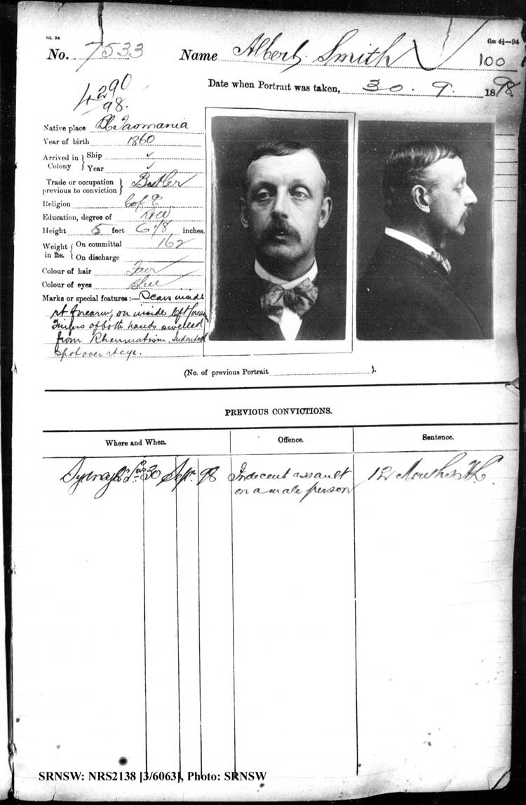 SRNSW: NRS2138, [3/6063], Darlinghurst Gaol photographic description book, 1898-1899, No. 7533, p. 100, R5107.