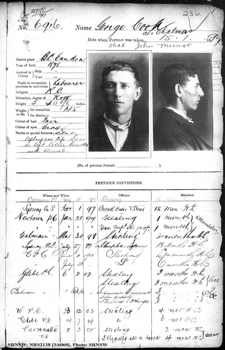 SRNSW: NRS2138, [3/6060], Darlinghurst Gaol photographic description book, 1896-1897, No. 6916, p. 236, R5106. Emphasis added.
