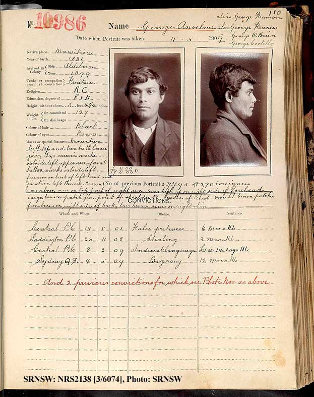 SRNSW: NRS2138, [3/6074], Darlinghurst Gaol photographic description book, 1909-1910, No. 10986, p. 110, R5113.