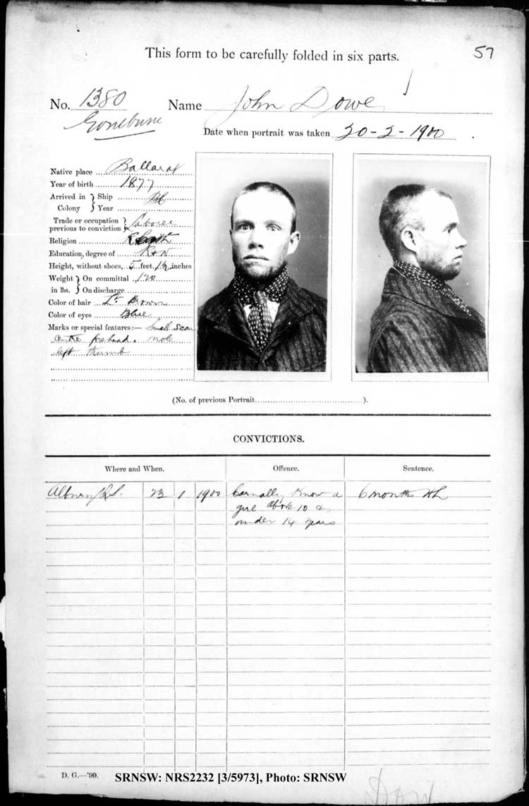  9 ￼SRNSW: NRS2232, [3/5973], Goulburn Gaol photographic description book, 12 Oct 1899- 25 Mar 1902, No. 1380, p. 57, R5120.