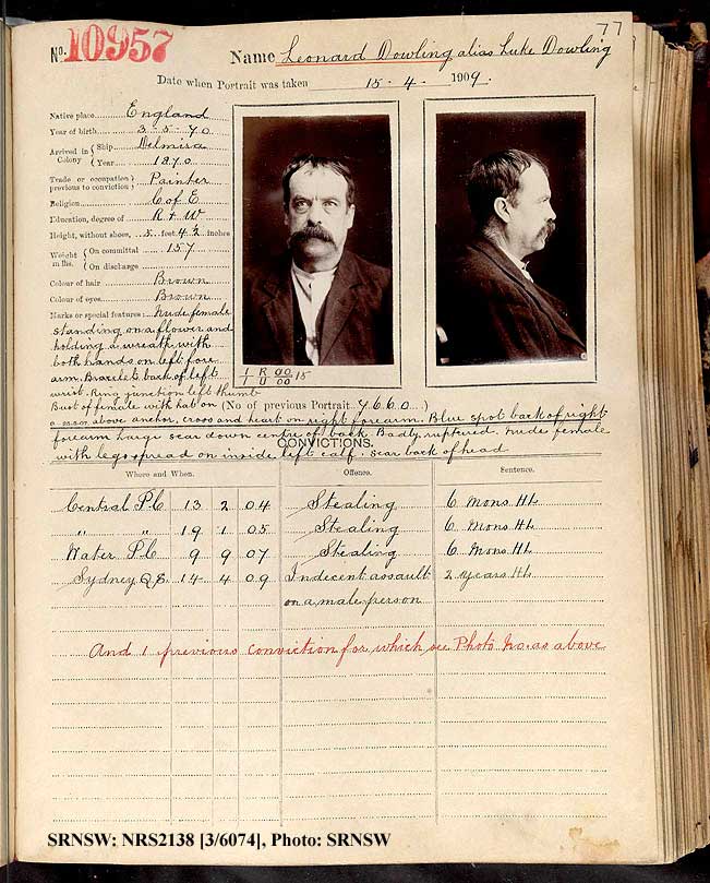 SRNSW: NRS2138, [3/6074], Darlinghurst Gaol photographic description book, 1909-1910, No. 10957, p. 77, R5113.